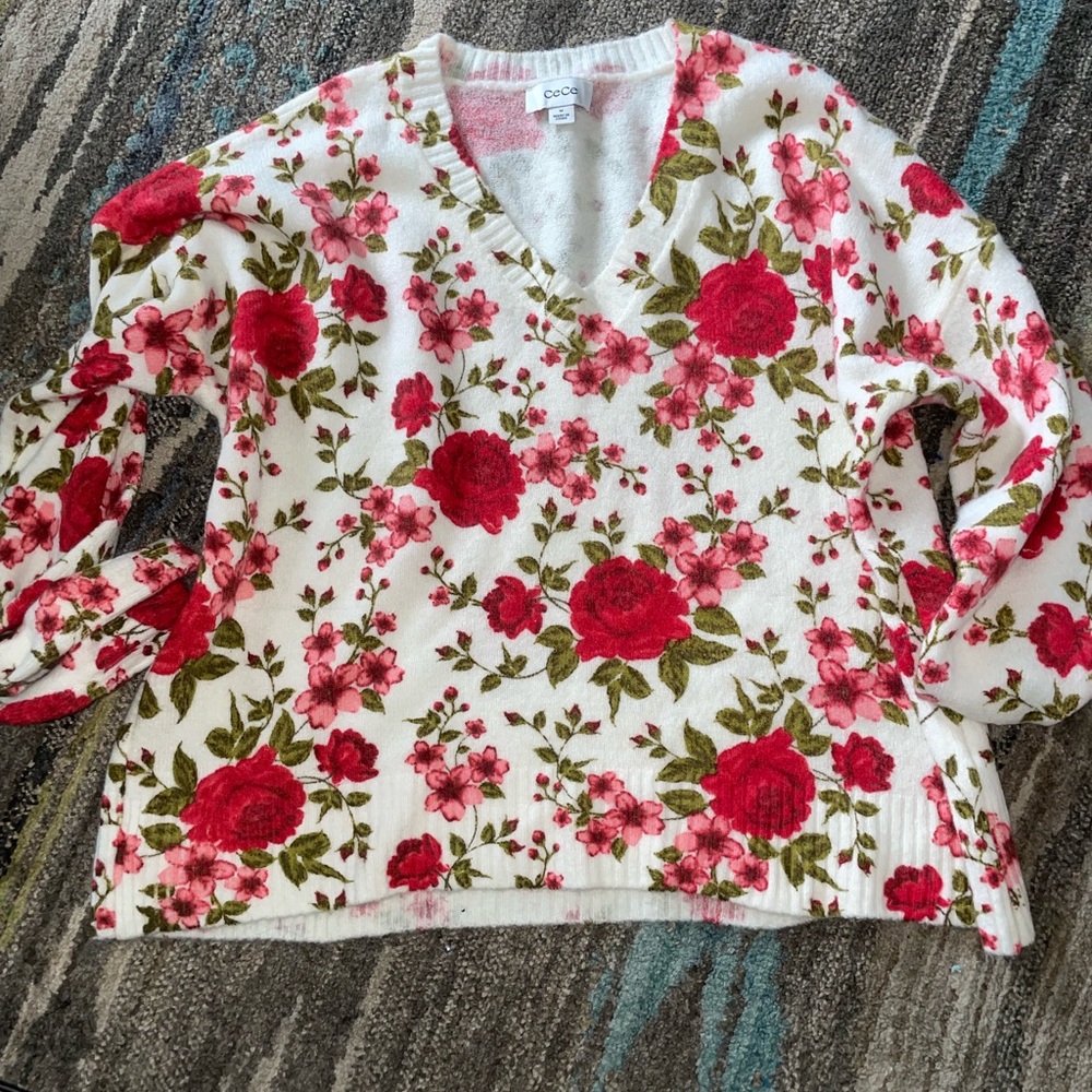 V-Neck Soft White Sweater with Red Floral Print NWOT
